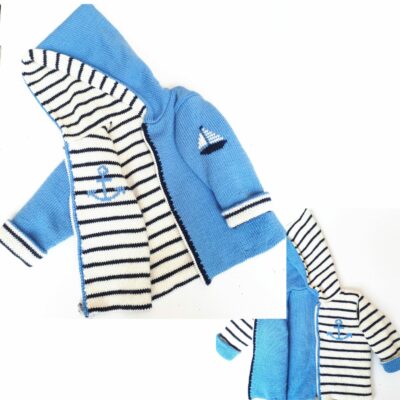 Manteau bébé réversible, avec capuche, tricot main, style marin, taille 1 an