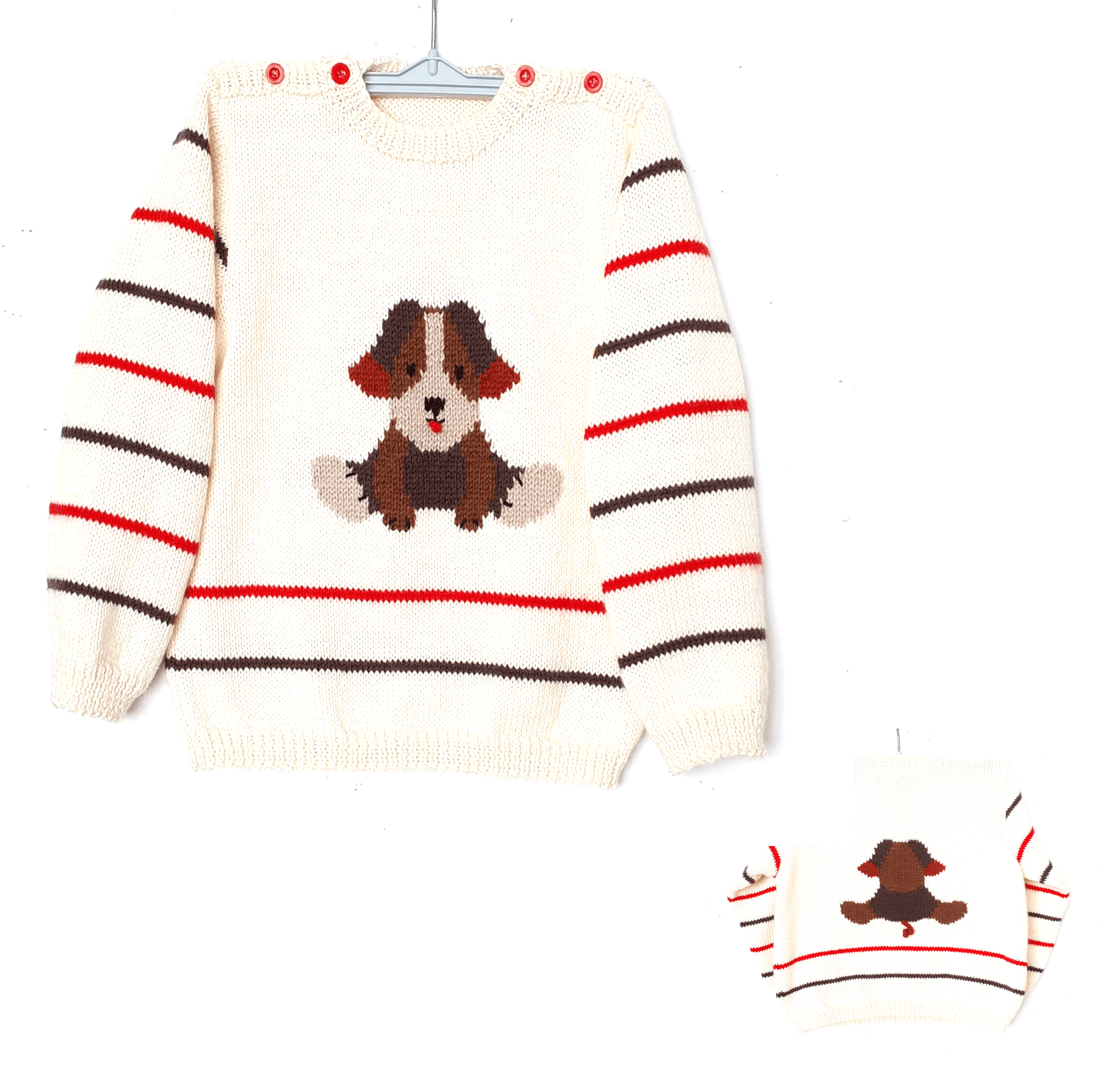 Pull enfant tricot, fait main, avec un chien taille 4 ans