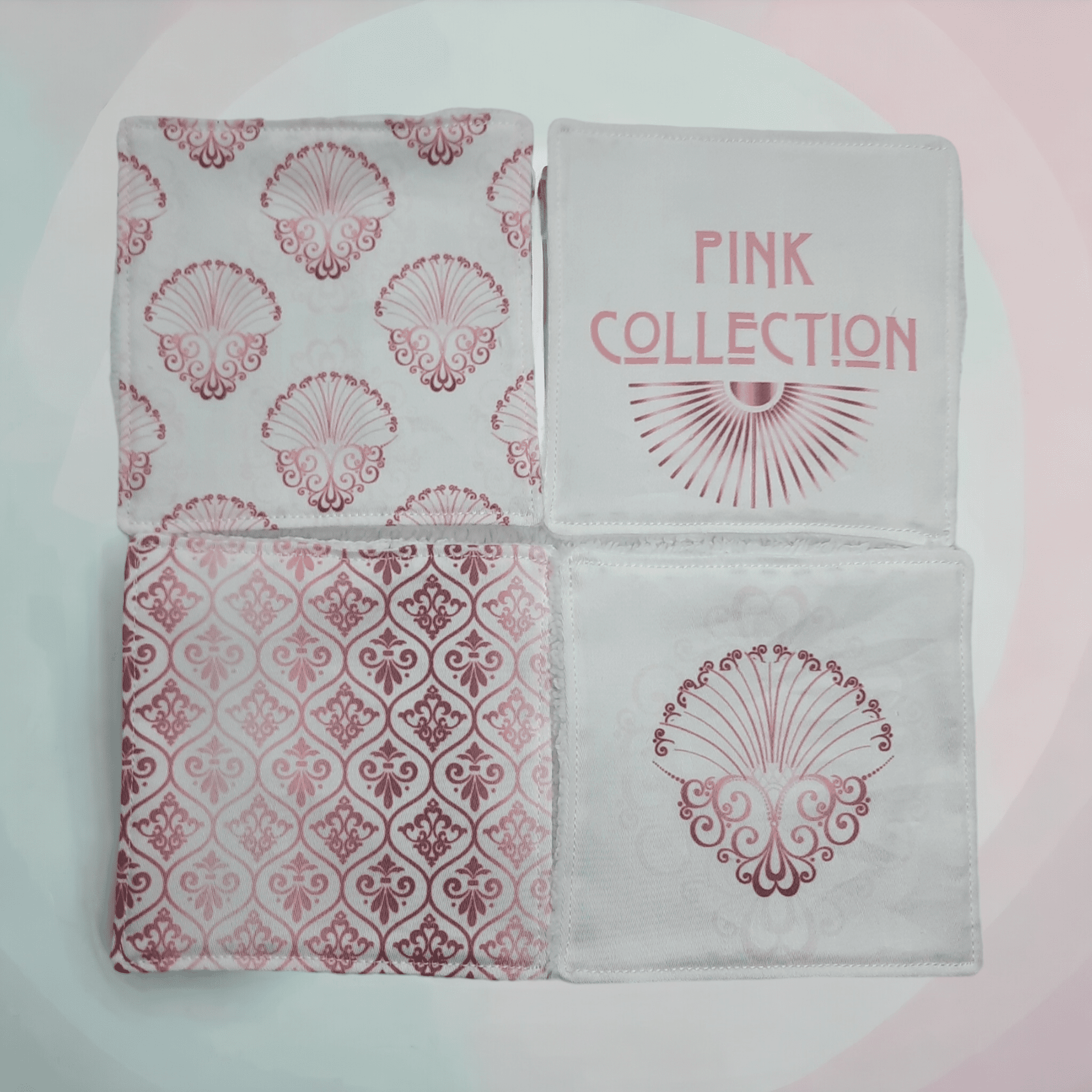 Lot de 4 Lingettes Démaquillantes Lavables - Art Déco Pink, Fait Main, Tissus Oeko-Tex