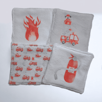 Lot de 4 Lingettes Lavables Réversibles pour Bébé - Fait Main, Motif Pompier