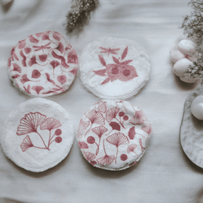 Lot de 4 Lingettes Rondes en Éponge Bambou & Microfibre - Motif Ginkgo Rose