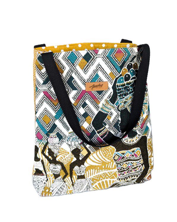 sac motif africain jaune et noir anses noir