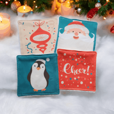 Lot de 4 Lingettes Démaquillantes Lavables Noël - Éponge de Bambou et Popeline de Coton, Fait Main, Fabrication Française