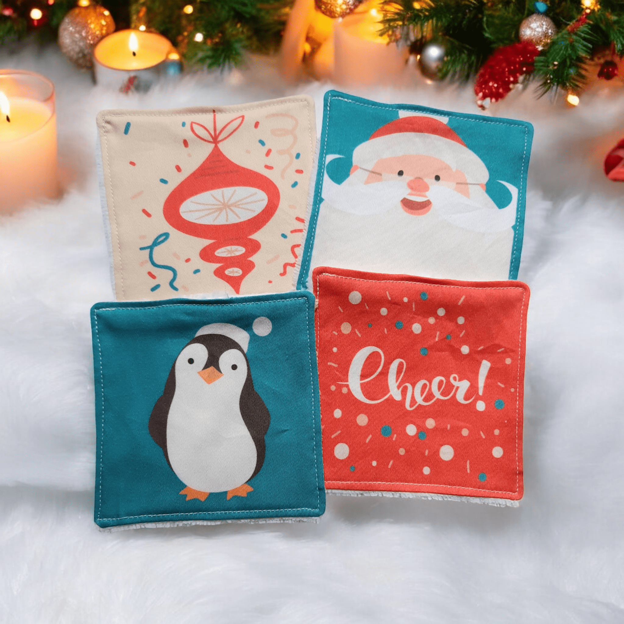 Lot de 4 Lingettes Démaquillantes Lavables Noël - Éponge de Bambou et Popeline de Coton, Fait Main, Fabrication Française