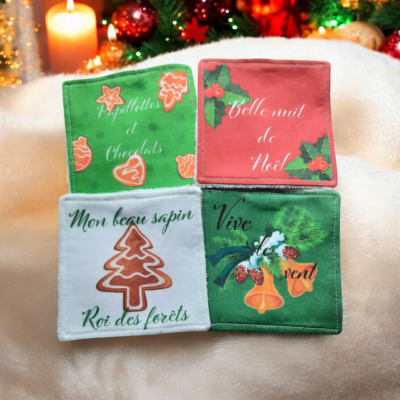Lot de 4 Lingettes Démaquillantes Lavables Noël - Éponge de Bambou et Popeline de Coton, Fait Main, Fabrication Française