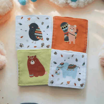 Lot de 4 Lingettes Lavables Bébé - Éponge de Bambou et Microfibre, Motifs Animaux
