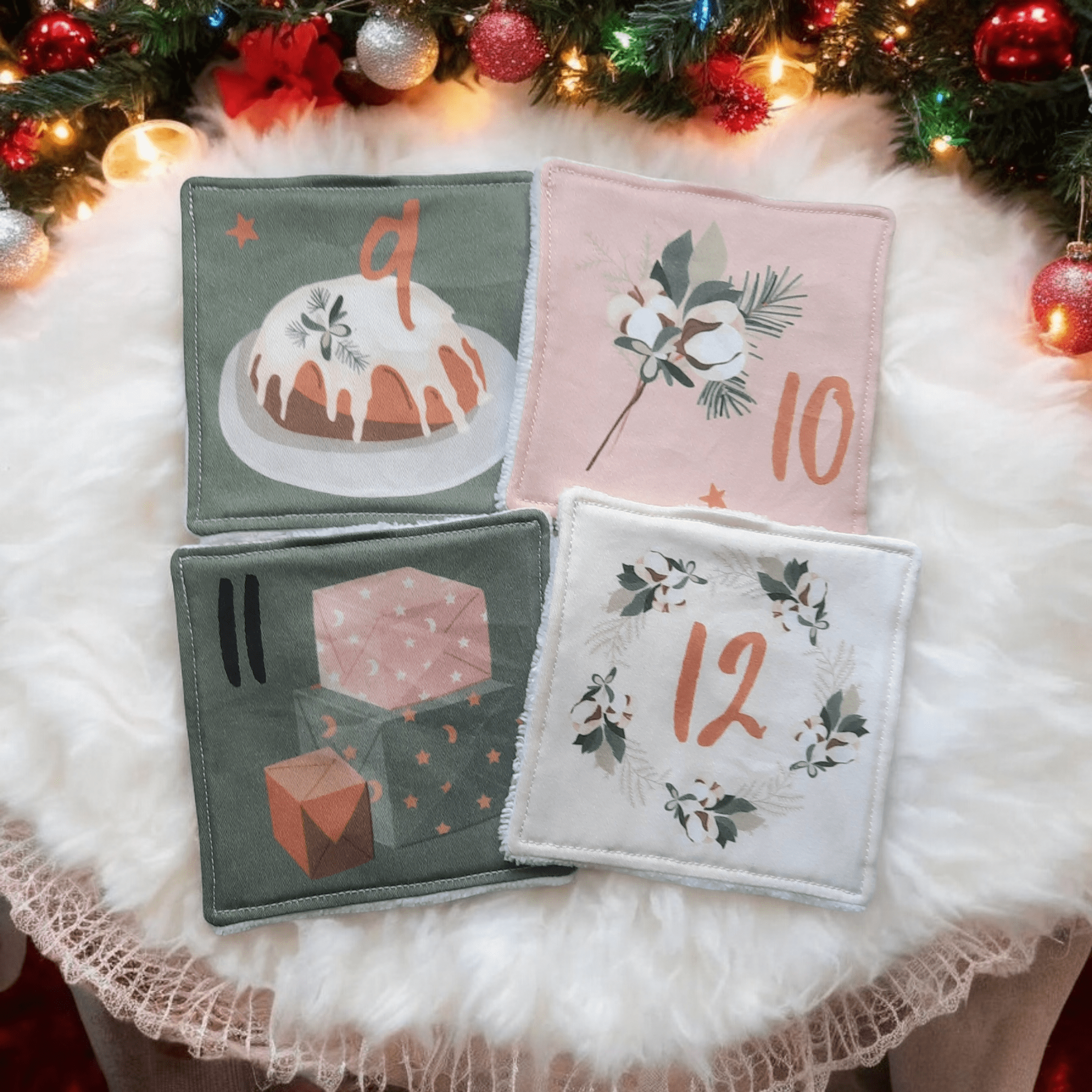 Lot de 4 Lingettes Démaquillantes Lavables - Noël Scandinave, Éponge de Bambou & Popeline de Coton, Fabriquées en France, Certifiées Oeko-Tex