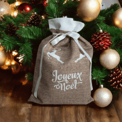 Hotte de Noël fait main effet toile de jute - Emballage cadeau zéro déchet