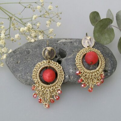 Boucles d'oreilles bohème chic au crochet fil doré et perles orange KALI