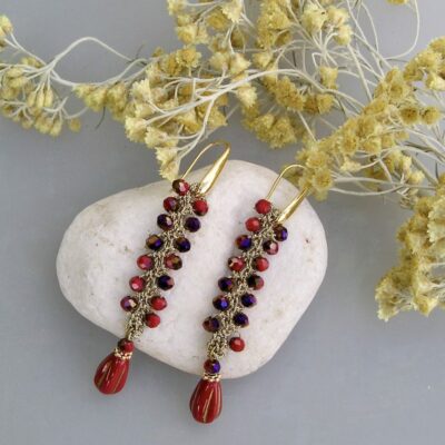 Boucles d'oreilles au crochet perles bicolores rouges et violets GLYCINE