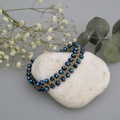 Bracelet bohème chic au crochet DUO de perles bleues métallisées