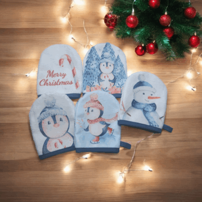 Mini-Gants de Toilette ou Démaquillage en Bambou - Motif Pingouin de Noël, Fait Main en France