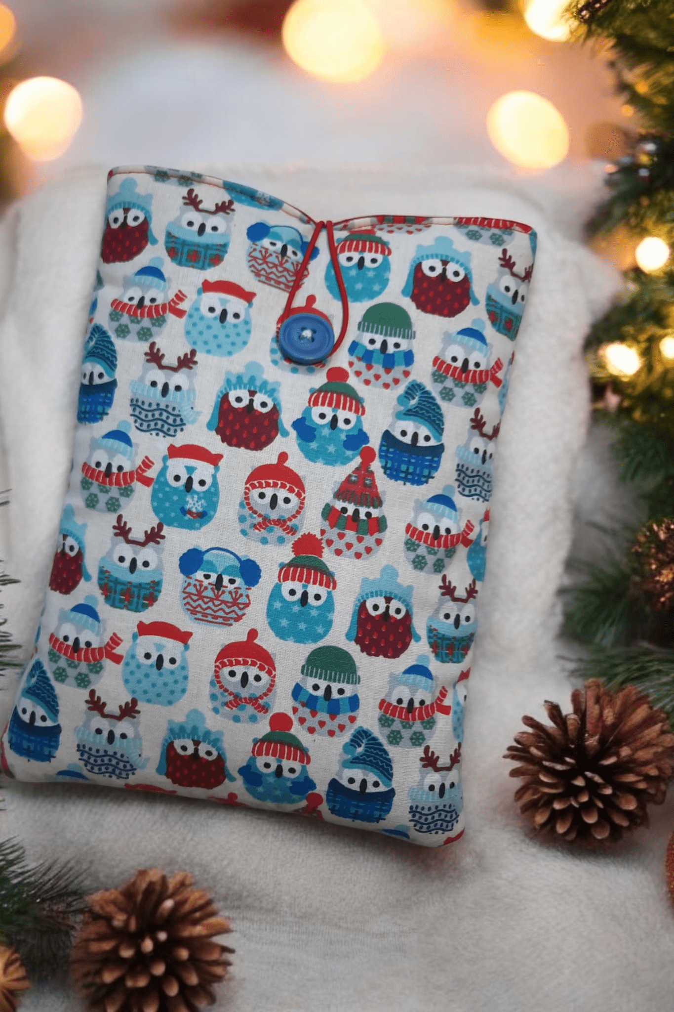 Pochette Molletonnée en Coton Oeko-Tex – Motif Hibou d'Hiver – Protection pour Livres, Liseuses et Tablettes
