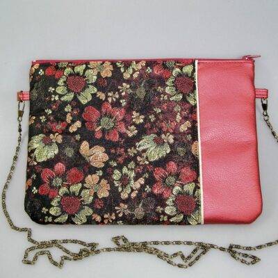 Pochette bandoulière tissus japonais noir à fleurs et simili cuir rouge