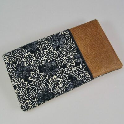 Porte chéquier et cartes en coton japonais bleu marine, simili cuir marron