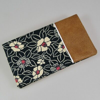 Porte chéquier et cartes en coton japonais bleu marine, simili cuir marron