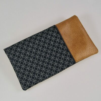 Porte chéquier et cartes en coton japonais bleu marine, simili cuir marron