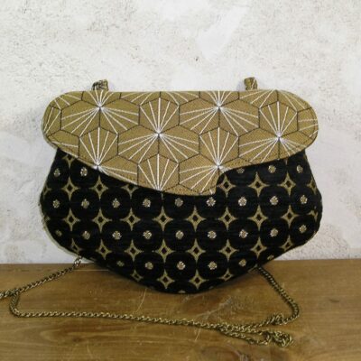 Sac bandoulière en tissus jacquard noir et or