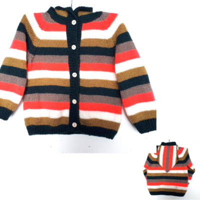 Veste à capuche enfant rayée multicolore, tricot main, Taille 2 ans