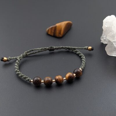 Bracelet Macramé Kaki Oeil De Tigre / Lithothérapie