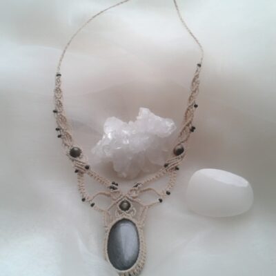 Collier Macramé Obsidienne argent Et Doré- Bijou Artisanal Ajustable,Lithothérapie