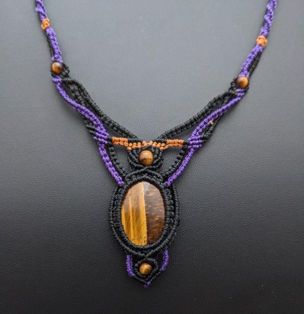 Collier Macramé En Pierre Fine Naturelle Oeil De Tigre / Bijou Artisanal Ajustable,Lithothérapie – Image 3