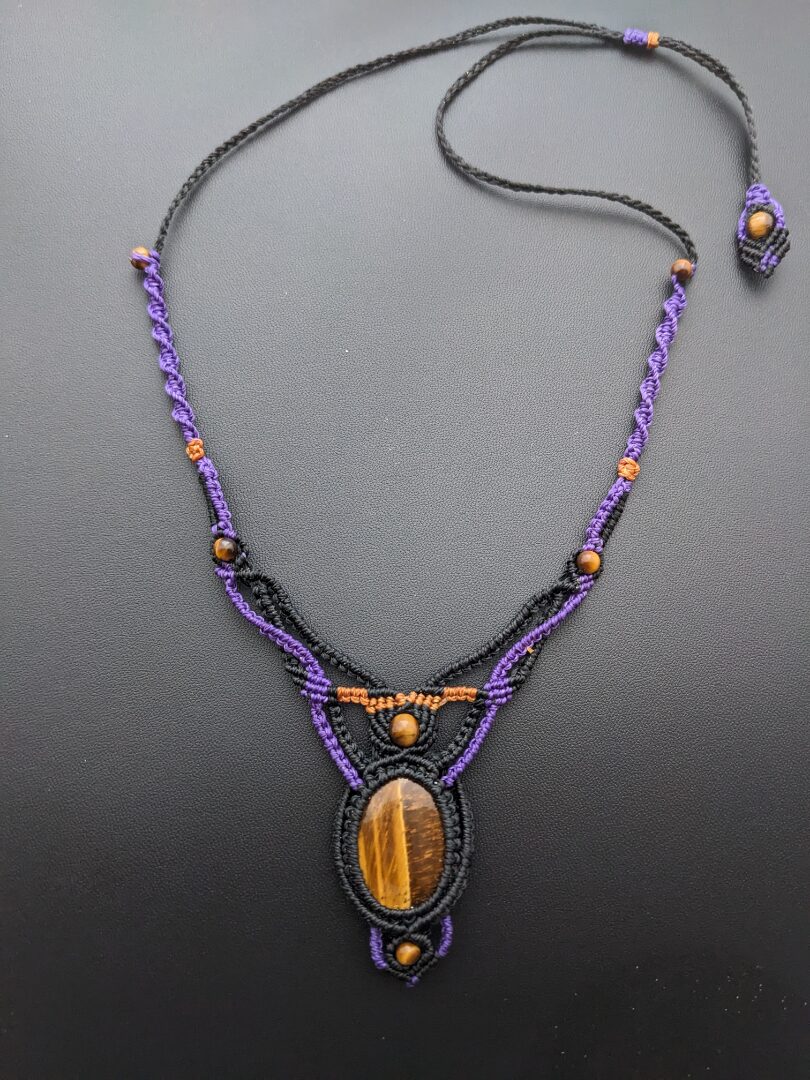 Collier Macramé En Pierre Fine Naturelle Oeil De Tigre / Bijou Artisanal Ajustable,Lithothérapie – Image 2