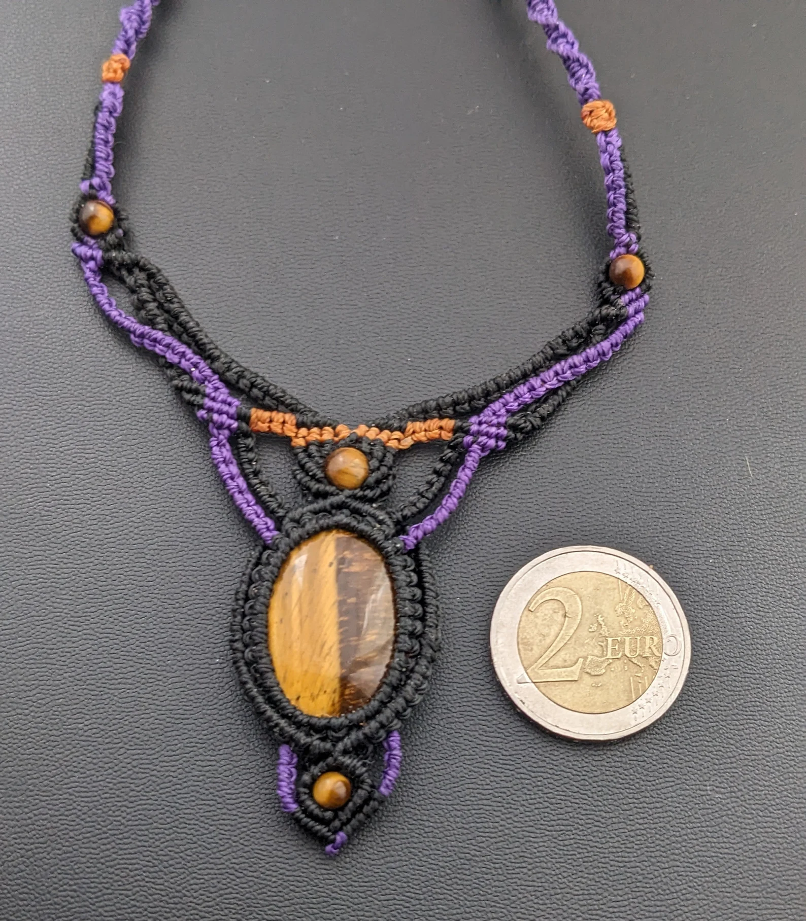 Collier Macramé En Pierre Fine Naturelle Oeil De Tigre / Bijou Artisanal Ajustable,Lithothérapie – Image 4