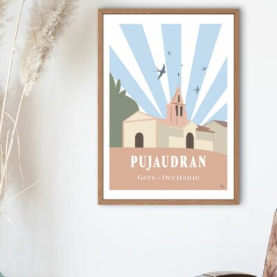 Affiche de l'eglise de pujaudran avec cadre bois
