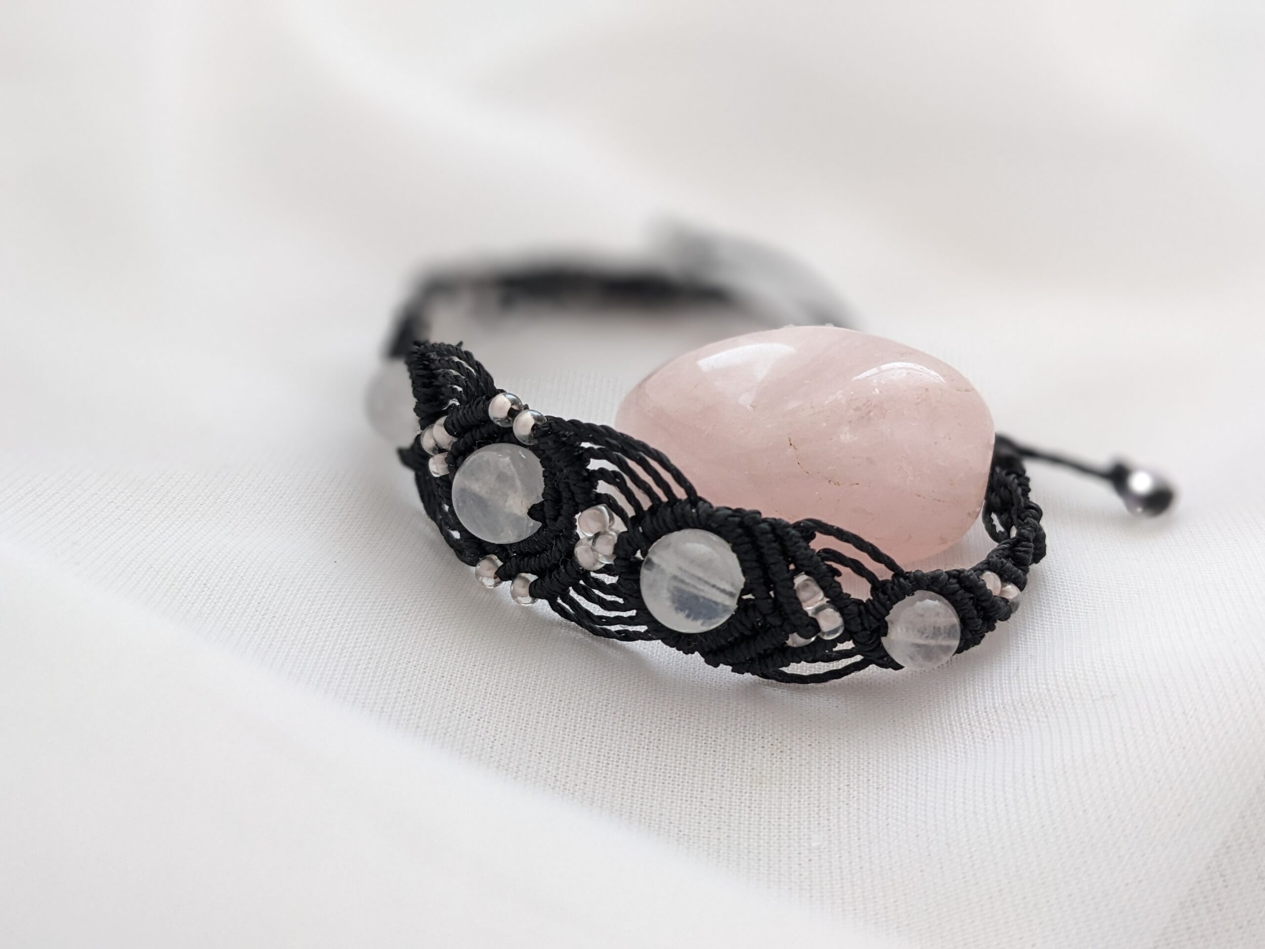 Bracelet Macramé Noir Quartz Rose Clair /Bijou Créateur/lithothérapie – Image 4