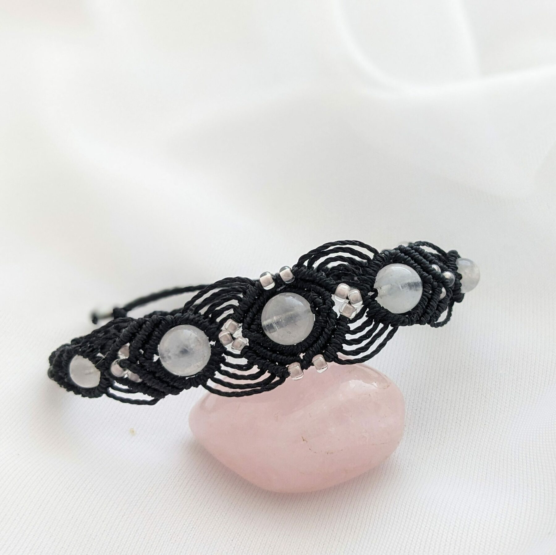 Bracelet Macramé Noir Quartz Rose Clair /Bijou Créateur/lithothérapie – Image 6