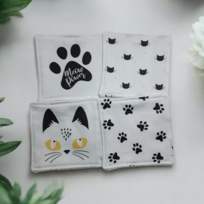 Lot de 4 Lingettes Démaquillantes Lavables - Motif Chat