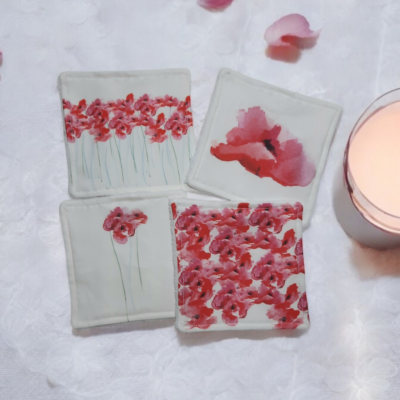 Lot de 4 Lingettes Démaquillantes Lavables en Bambou - Motif Coquelicots
