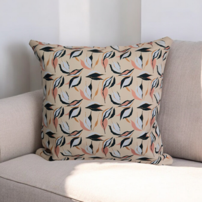 Housse de Coussin Feuilles Roses & Beiges – Fabrication Française & Oeko-Tex