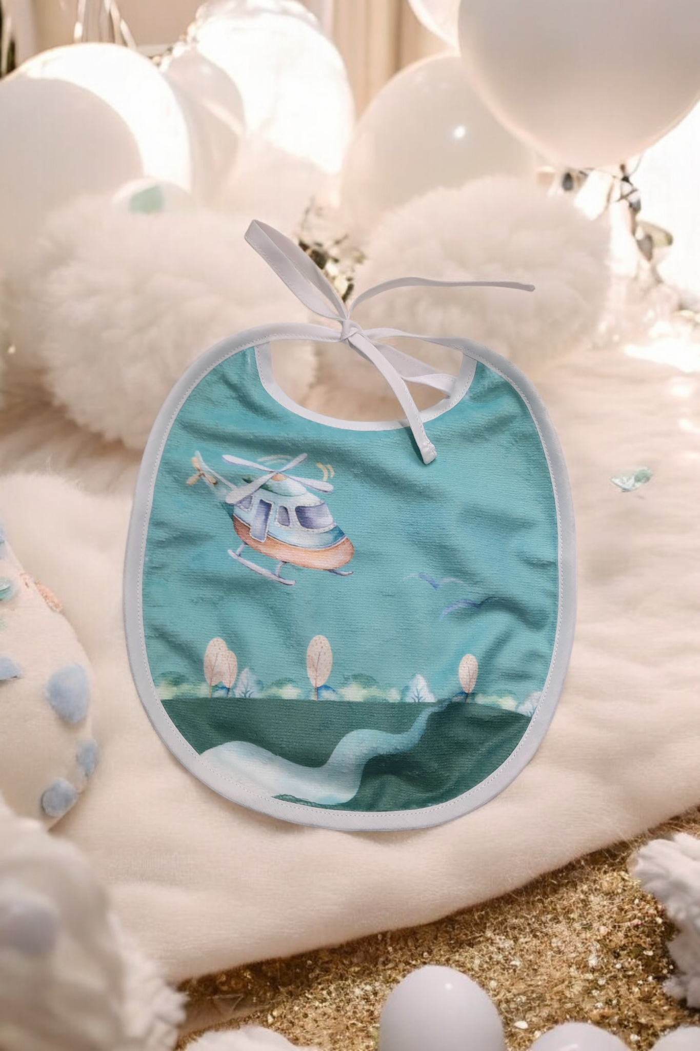 Bavoir rond en éponge de bambou – Motif Montgolfière