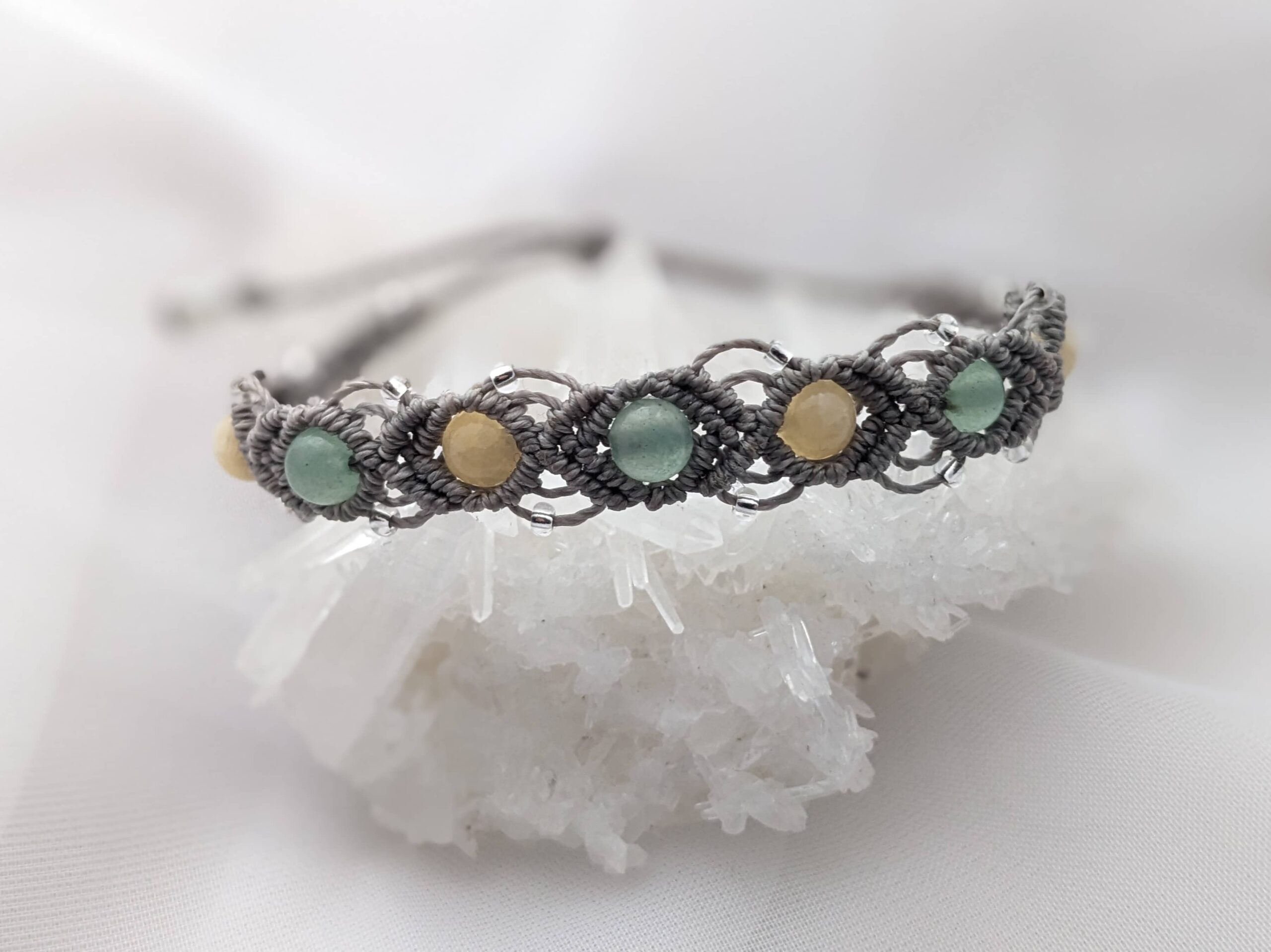 Bracelet Macramé Gris Unique Aventurine Et Calcite Jaune.Lithothérapie