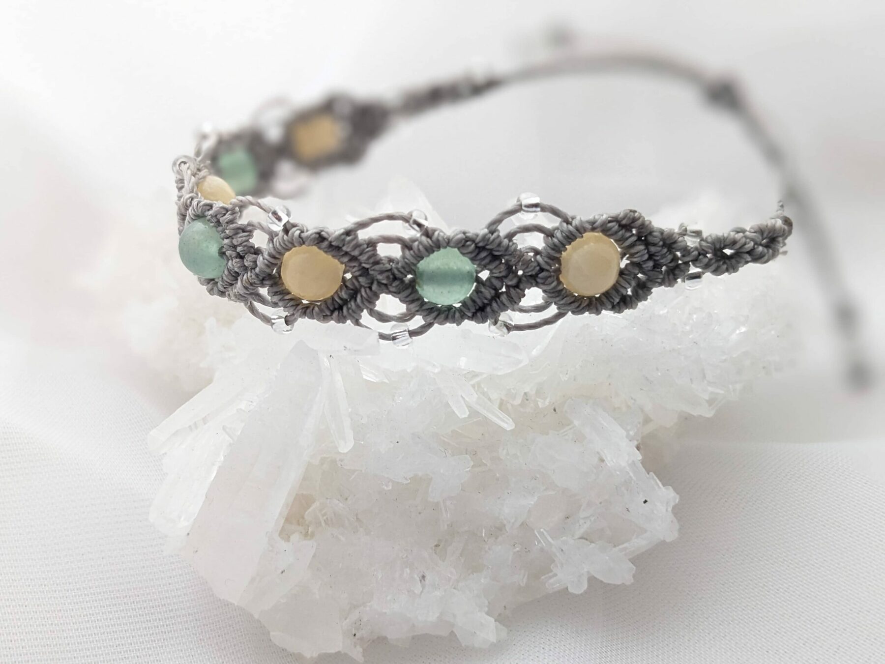 Bracelet Macramé Gris Unique Aventurine Et Calcite Jaune.Lithothérapie – Image 2