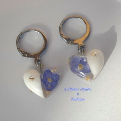 Boucles d'Oreilles Artisanales ''Créoles Cœur Blanc, Myosotis '' - Made in France