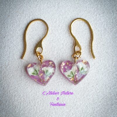 Boucles d'Oreilles Artisanales '' Cœur Pétale de Rose et Gypsophile '' - Made in France