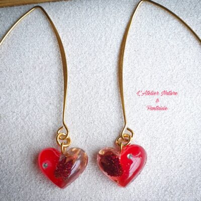 Boucles d'Oreilles Artisanales ''Cœur Rouge Fraises des Bois '' - Made in France