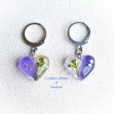 Boucles d'Oreilles Artisanales ''Créoles Cœur violet, Gypsophile '' - Made in France