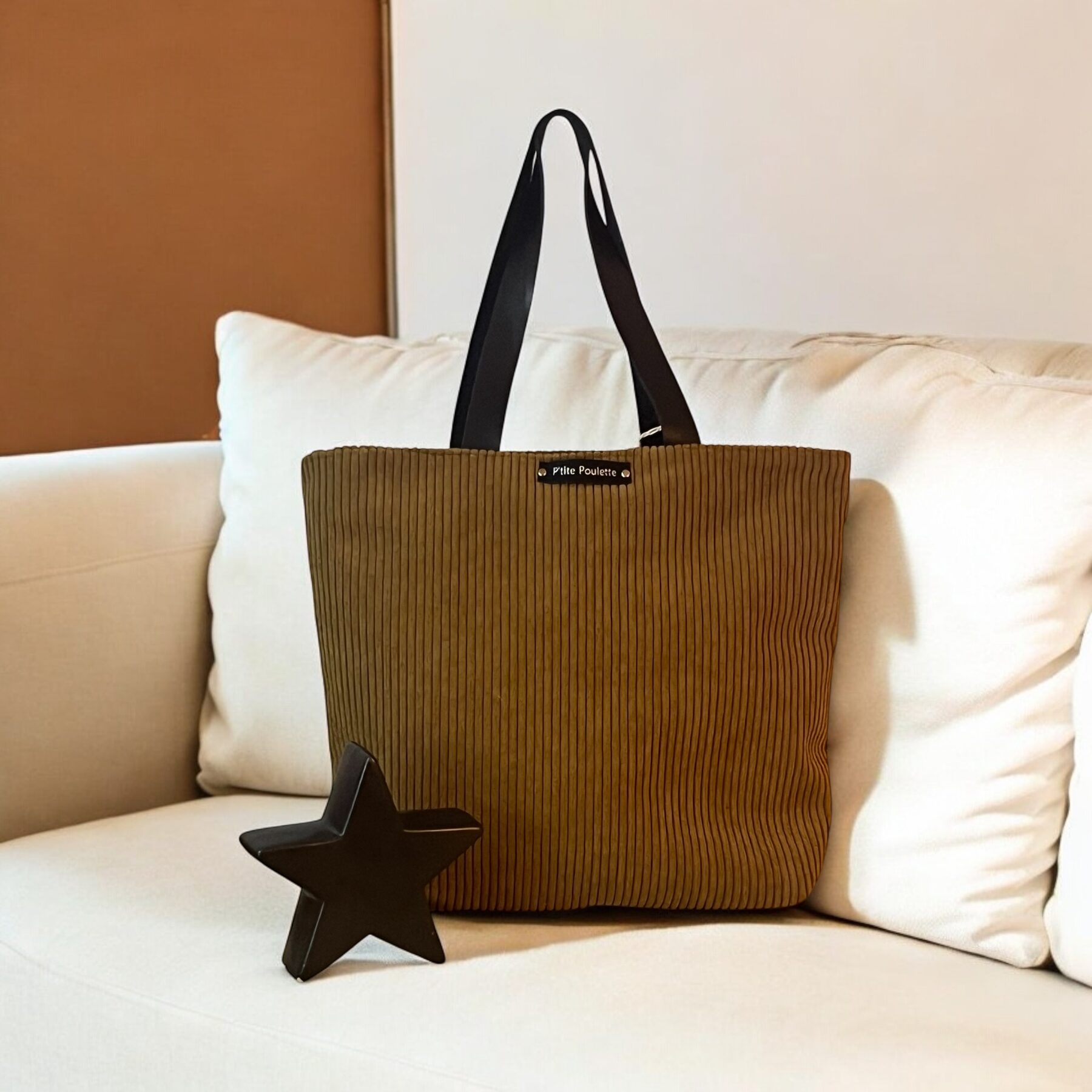 Sac cabas en velours côtelé Olive, et anses en cuir