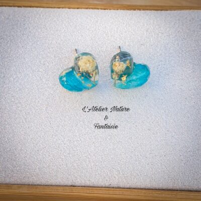 Puces d'Oreilles Artisanales "Cœur d'Orchidée et Gypsophile'''- Turquoises, Blanches - Made in France