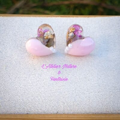 Puces d'Oreilles Artisanales ''Cœur de Valériane Rose" - Made in France