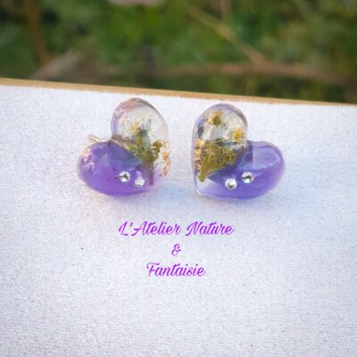 Puces d'Oreilles Artisanales "Cœur de Gypsophile" - Violettes et Blanches - Made in France