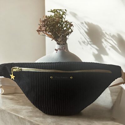 Sac banane en velours côtelé noir et anse en coton pailletée noir
