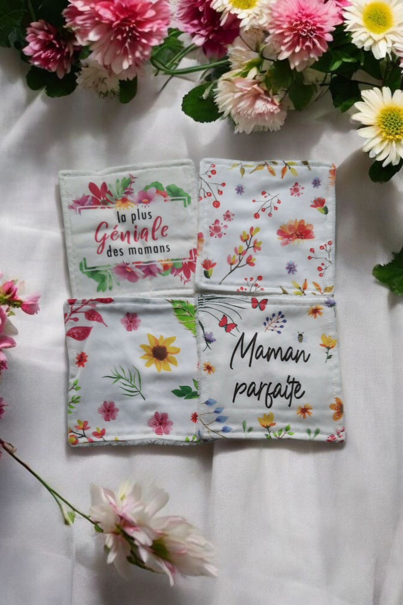 Lot de 4 lingettes démaquillantes lavables – "La plus géniale des mamans" | Cadeau fête des mères