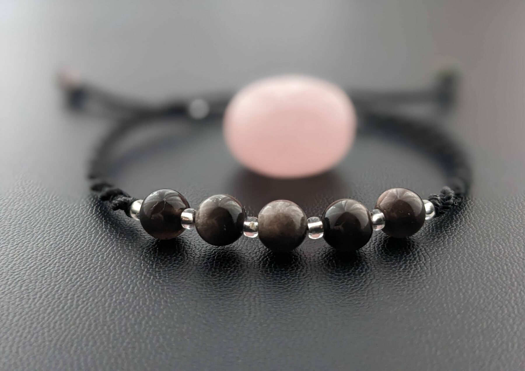 Bracelet Macramé Noir Avec Perles Obsidienne Argent. Bijou Unique créatrice – Image 3