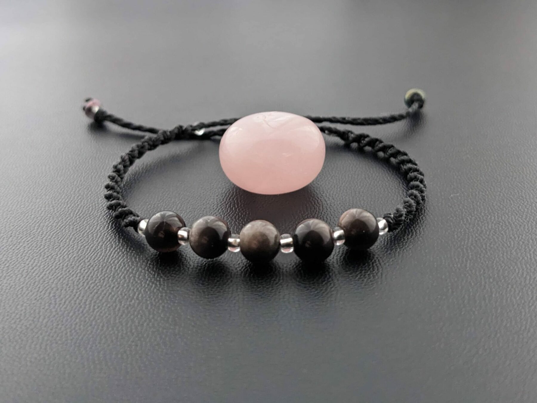Bracelet Macramé Noir Avec Perles Obsidienne Argent. Bijou Unique créatrice
