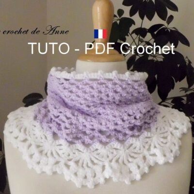 TUTO CROCHET - Tour de cou / snood lilas blanc , orné d'une belle bordure dentelle , facile à réaliser !